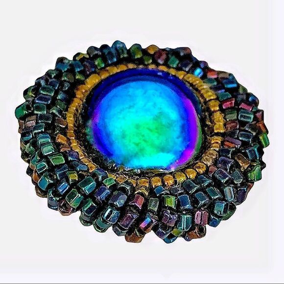 Hand beaded iridescent turquoise glass cab peacock glass bezel pierced earrings - Picture 1 of 9